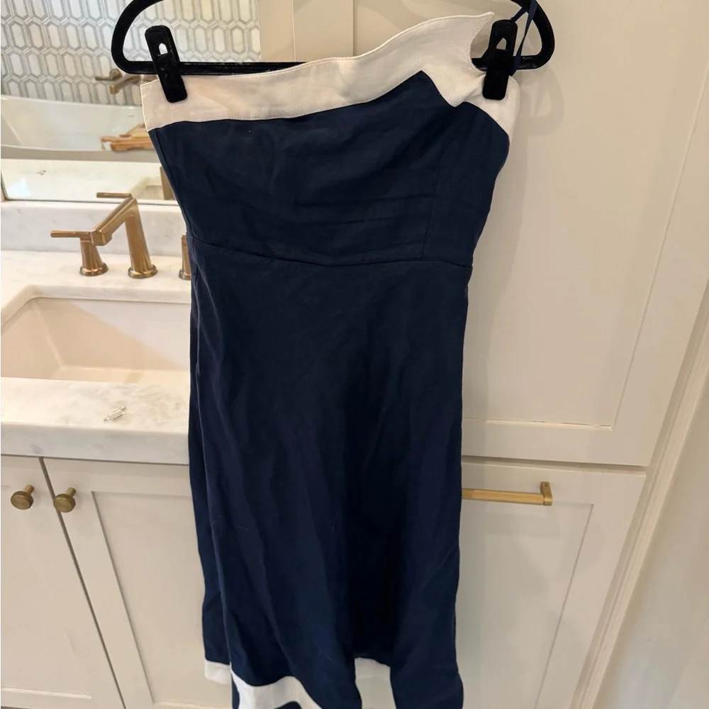 STAUD Strapless Dress in Navy and White - Picture 3 of 5